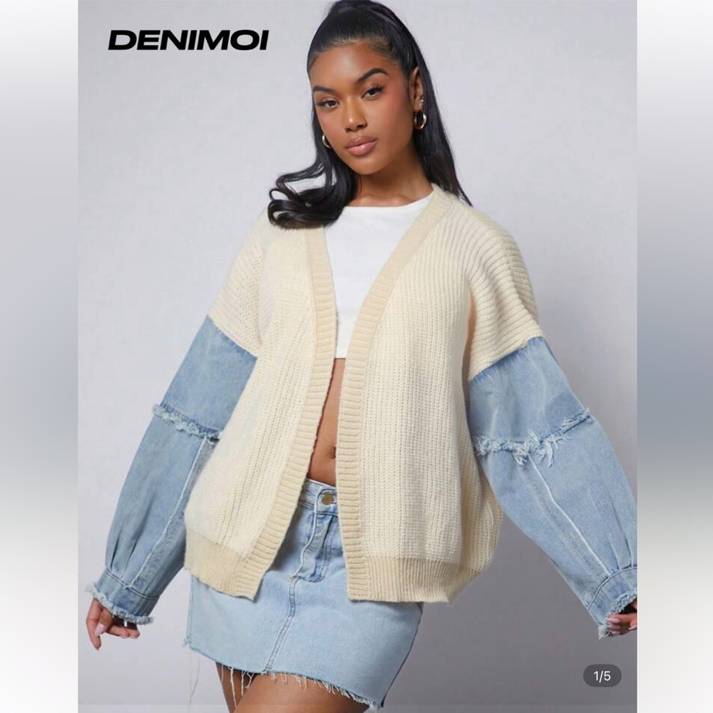 Colorblock Mixed Fabric Sweater/ Cardigan